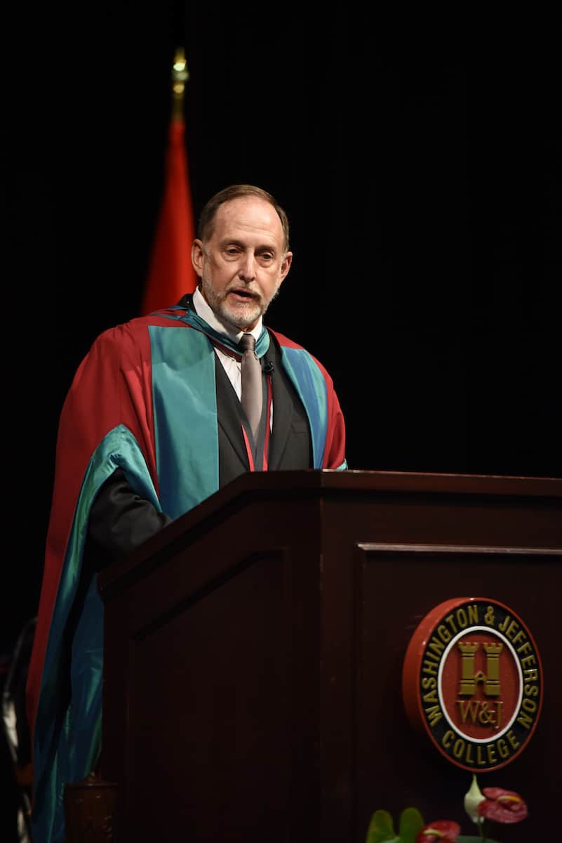 Commencement Ceremony 2020 President John C. Knapp, Ph.D., addresses the Class of 2020 during the 221st Commencement Ceremony was broadcast virtually August 1, 2020 from Olin Theatre on the campus of Washington & Jefferson College. A limited number of people were in attendance in addition the the platform party due to the COVID-19 pandemic and gathering limitations.