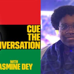 Jasmine Dey's headshot and the Cue the Conversation podcast logo