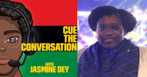 Jasmine Dey's headshot and the Cue the Conversation podcast logo