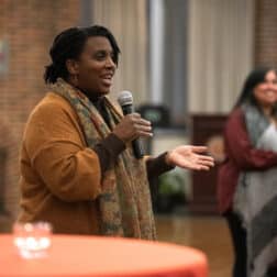 December 2021 graduates attend a reception with faculty and senior staff, including Carolyn Campbell-Golden,