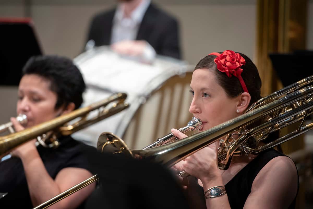 Members of the W&J wind ensemble perform in the Olin Fine Arts Center during the 2021 Holiday Concert.