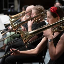 Members of the W&J jazz ensemble play the trumpets during a holiday concert.