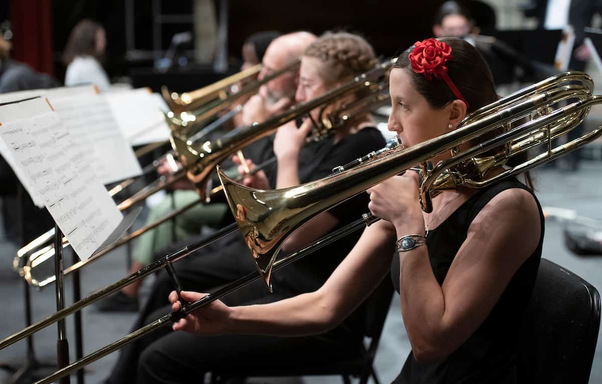 Members of the W&J jazz ensemble play the trumpets during a holiday concert.