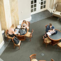 Students study in the atrium of Swanson Science Center during the Creosote Affects photo shoot May 2, 2019 at Washington & Jefferson College.