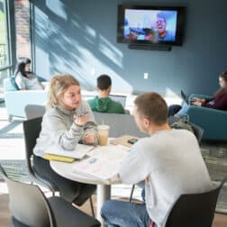 Students study and talk in the common area of a renovated Presidents Row residence hall as seen October 21, 2019 during the Creosote Affects photo shoot at Washington & Jefferson College.