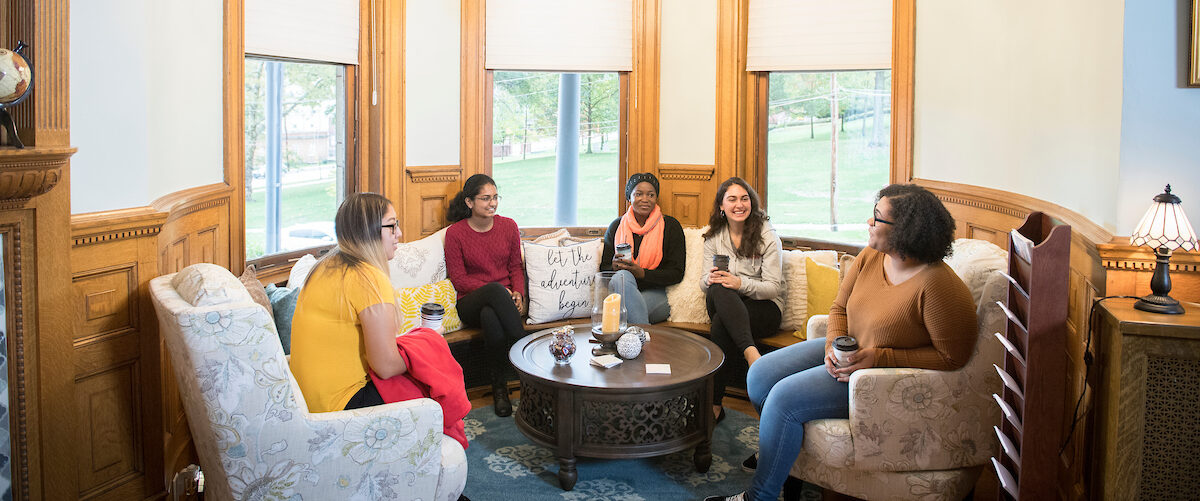 Admission counselors talk with students in the Admission House as seen October 21, 2019 during the Creosote Affects photo shoot at Washington & Jefferson College.