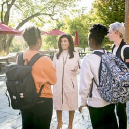 Students talk with faculty member Associate Professor of Economics & Business Lori J. Galley, Ph.D., on the Rossin Campus Center Patio as seen October 21, 2019 during the Creosote Affects photo shoot at Washington & Jefferson College.