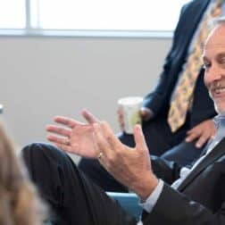 resident John C. Knapp talks with Pennsylvania State Senator Camera Bartolotta during a tour of the Ignite business incubator July 21, 2021 on the campus of Washington & Jefferson College in Washington, Pa.