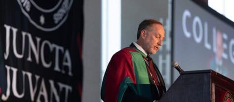 Dr. John C. Knapp, President and Professor of Washington &amp; Jefferson College, speaks to incoming students from the Class of 2025 as they are welcomed to W&amp;J during the matriculation ceremony August 24, 2021 in the James David Ross Family Recreation Center on the campus of Washington &amp; Jefferson College in Washington, Pa.