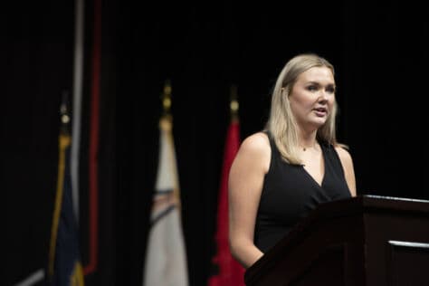 Halie Hess ’21, W&amp;J’s SGA president, speaks about the Peer-To-Peer Affirmation of Values during the 2020 Matriculation Ceremony September 6, 2020, which was pre-recorded in Olin Theatre on the campus of Washington &amp; Jefferson College.