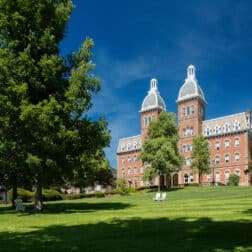 Photo of Old Main taken from the corner of College and East Wheeling streets.