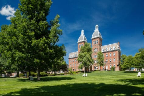 Photo of Old Main taken from the corner of College and East Wheeling streets.