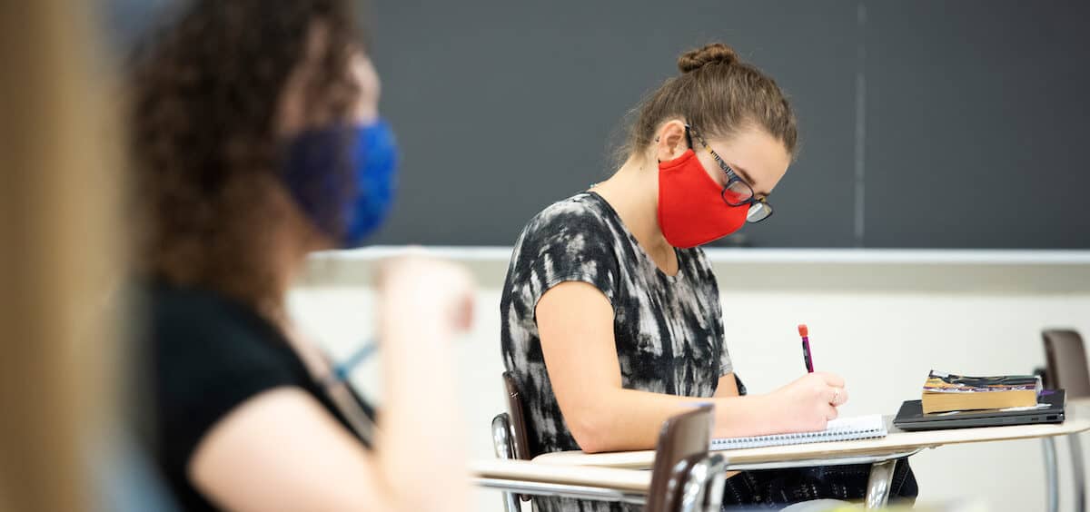 Dana Schiller, Ph.D., professor of English, teaches a course in detective fiction in Dieter-Porter October 27, 2020 on the campus of Washington &amp; Jefferson College.