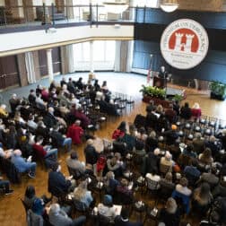 Serge Schmemann, a member of the editorial board of The New York Times, addresses the audience in the Allen Ballroom of the Rossin Campus Center during the Symposium on Democracy February 17, 2020 at Washington & Jefferson College.